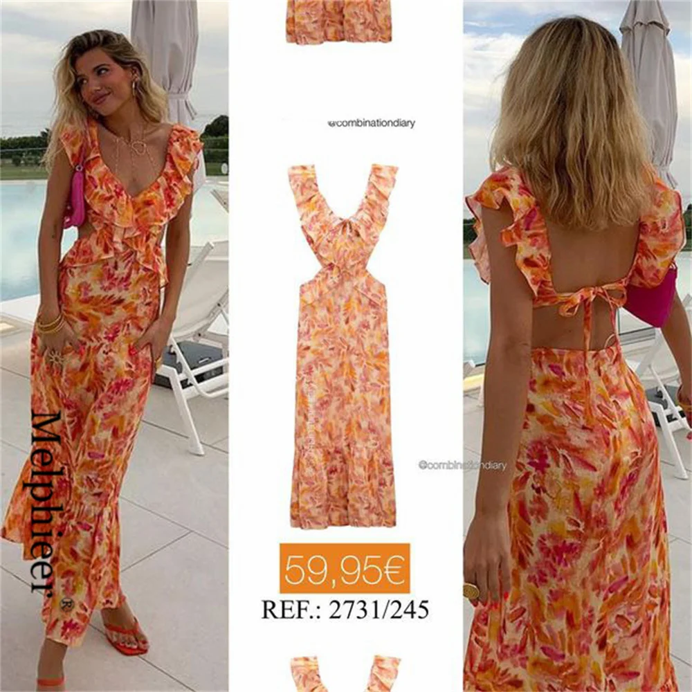 

Melphieer 2025 Holiday Beach Style Summer Women's New Layered Decorative Midi Dress Orange Plant Printed V-Neck Ruffle Vestidos