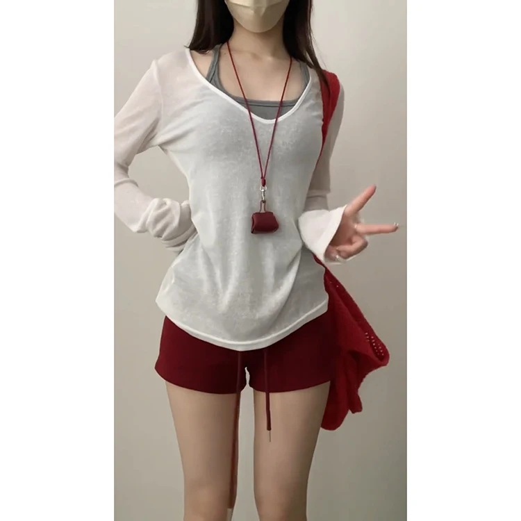 Pantalones deportivos Dstring para chica, color rojo, verano 2025, nueva cintura de hormiga, adelgazantes, informales, americanos, pierna recta de cintura alta