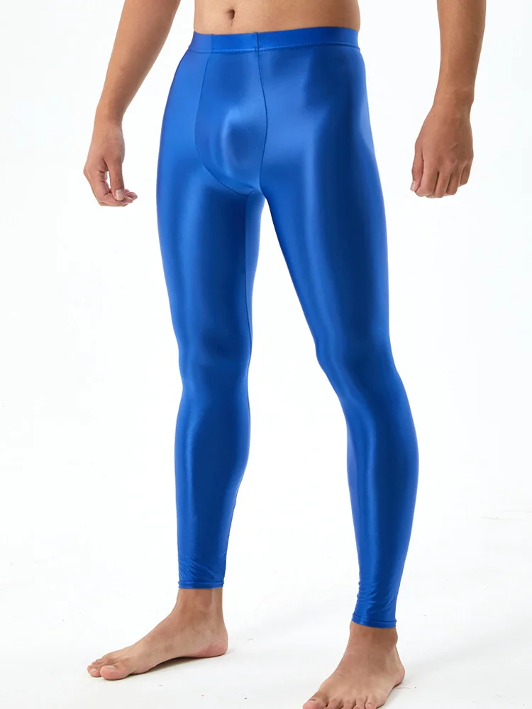 Sexy Men Elastic Oil Shiny Tight Pencil Pants Shaping Legging Sheer See Through Capris Breathable Exotic Trousers Candy Color