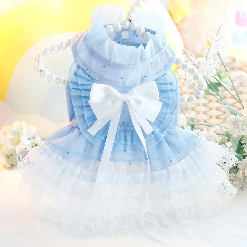 New Dog Dress Thin Summer Princess Dress Lace Patchwork Polka Dot Pink Blue Dress Pet Clothes 7758