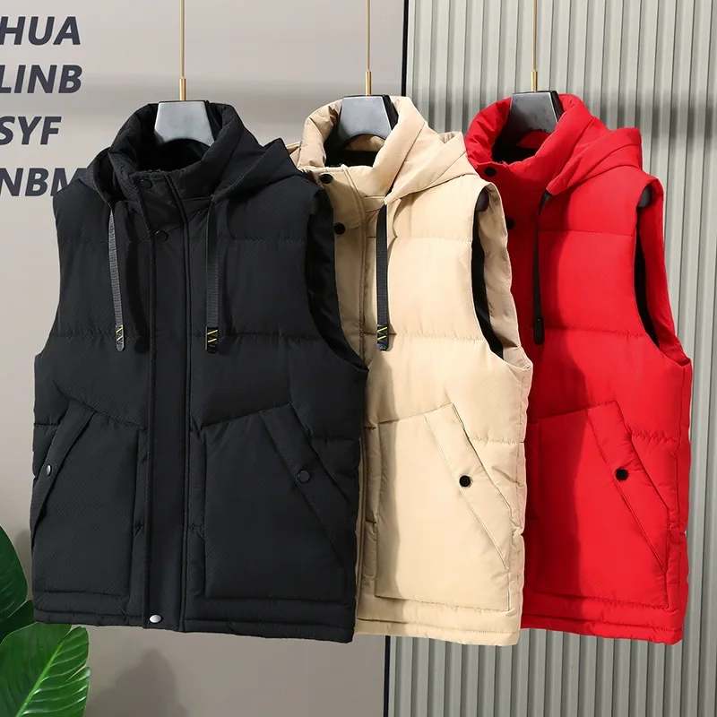 2024 New in Men\'s Padded Vest Spring Sleeveless Jacket Hooded Vest Padding Golf Cotton Coat Male Large Size 8XL Pocket Outerwear