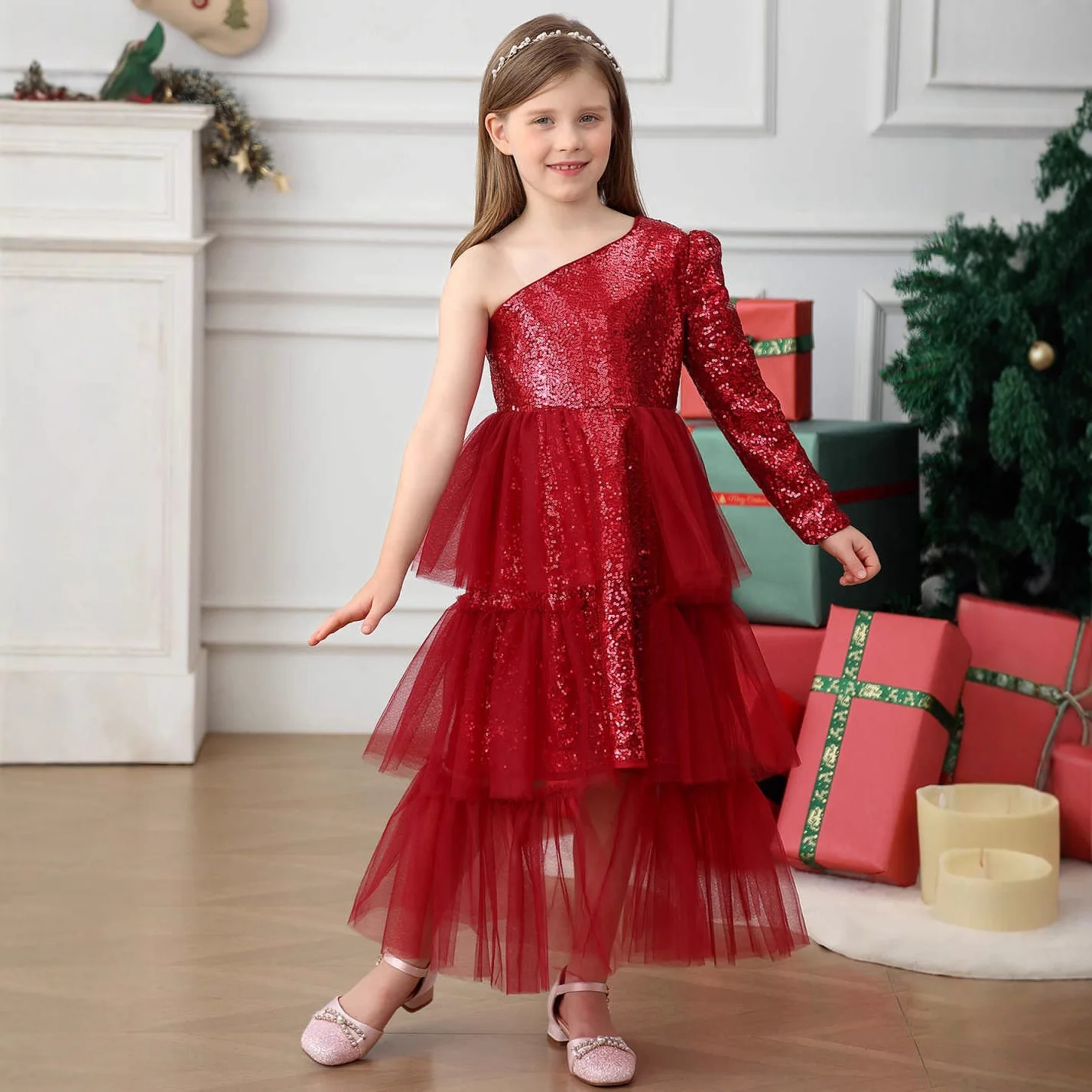 HETISO Christmas Girl Dresses with Sequins One Shoulder Wedding Elegant Birthday Party Formal Prom Gown for Kids Children