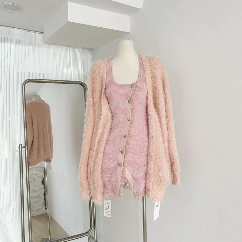 Square Neck Sweet French-style Slouchy Skirt Set Autumn/winter Pink Single-breasted Skirt Suit Long Sleeve Outerwear Basic Set