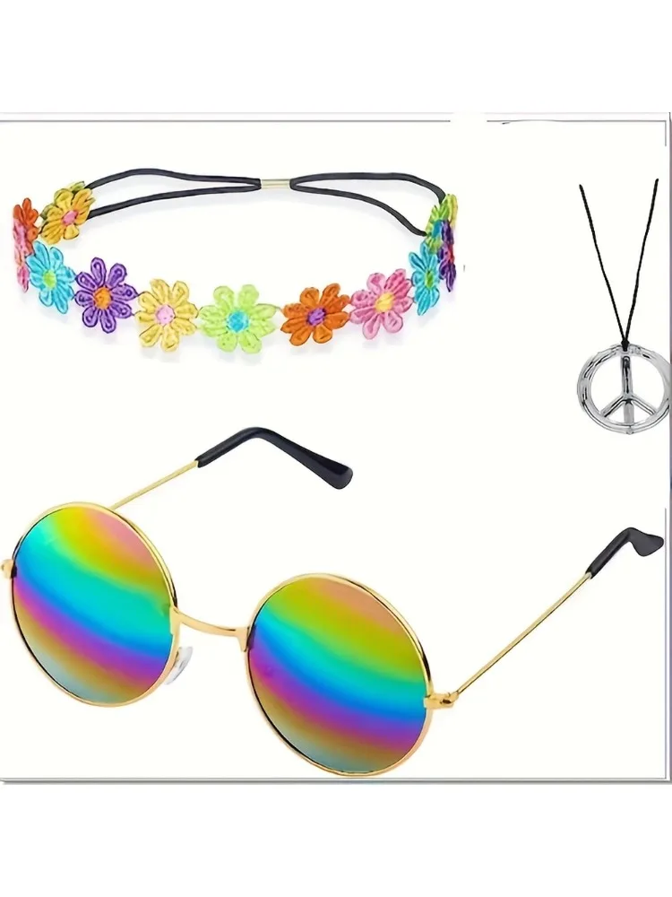 PESENAR women's hippie outfit sixties seventies vintage glasses Peace logo necklace Sunflower crown Headband