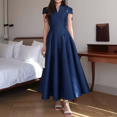 Elegant High Waist Solid Color Banquet Dress Fashion Women's Swing Maxi Dress Summer Temperament V-neck Slim Satin Evening Dress
