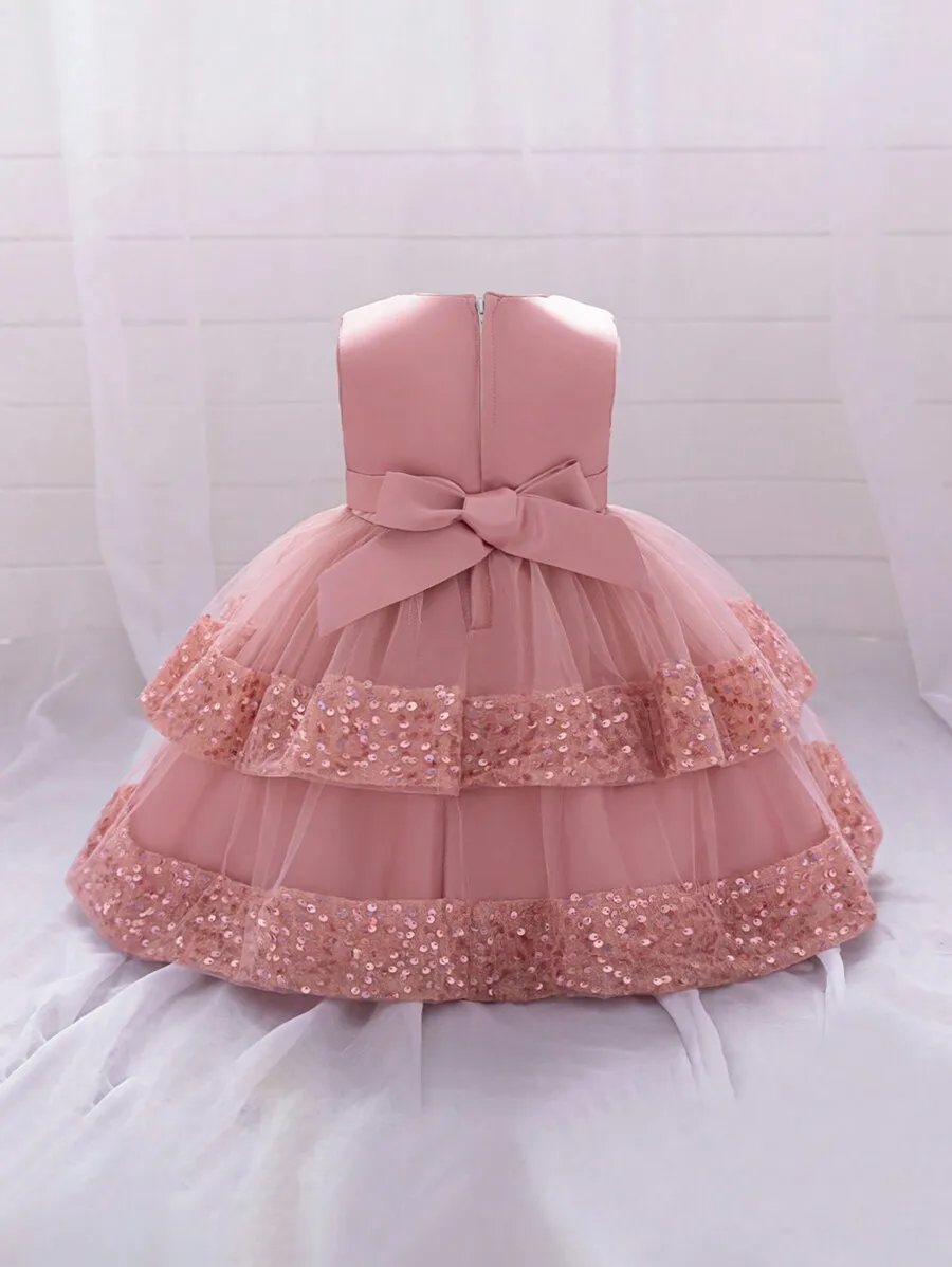 

Shiny Mesh Bow Pleated Sleeveless A-Line Evening Dress For Formal Party