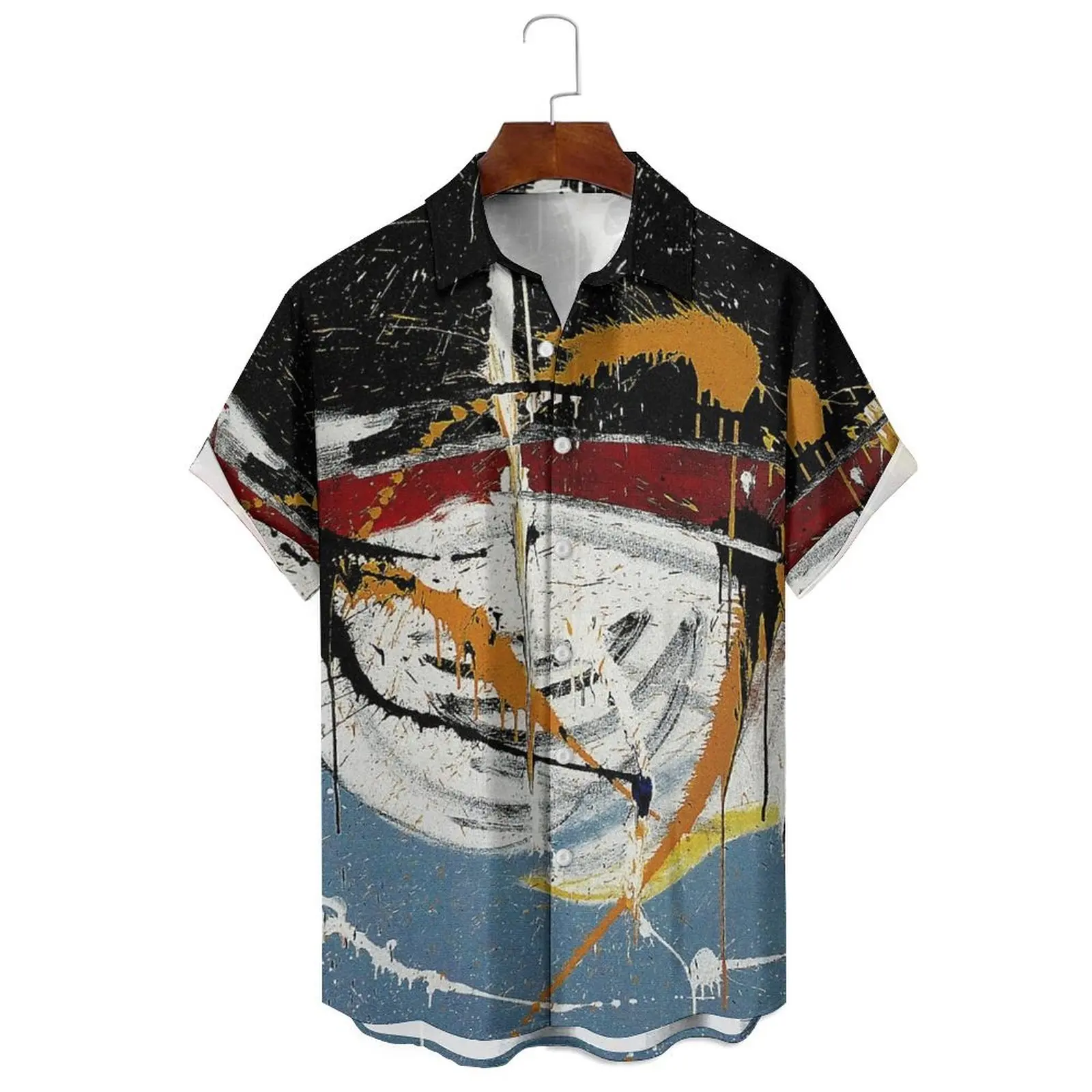 

Summer Fashion Loose Men's/Women's Splash Ink Casual Gradient Cartoon Style Print Lapel Single-Breasted Short-Sleeved Shirt