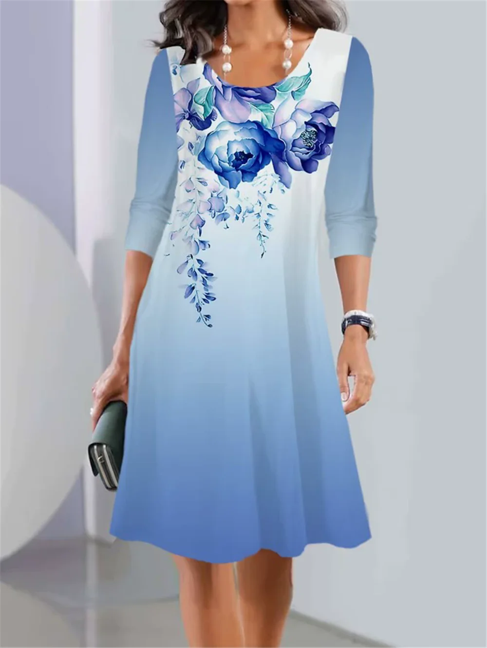 Fashion Floral Pattern Women Mini Dresses Long Sleeve 3D Flower Printed Trend Gradient Ladies Dress 3XL Plus Size Casual Dress