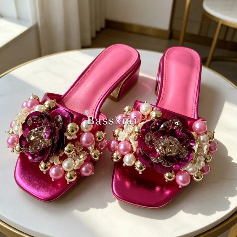 Sexy Beads Flower Decor Slippers Women Square Open Toe Slingbacks Party Shoes Summer For Girls