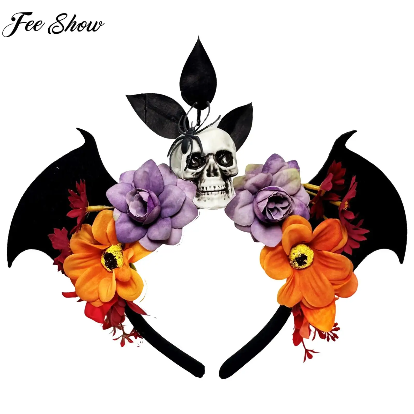 

1Pc Funny Hair Hoop Hairband with Bat Wing Skull Artificial Flower Halloween Theme Party Ghost Festival Cosplay Costume Props