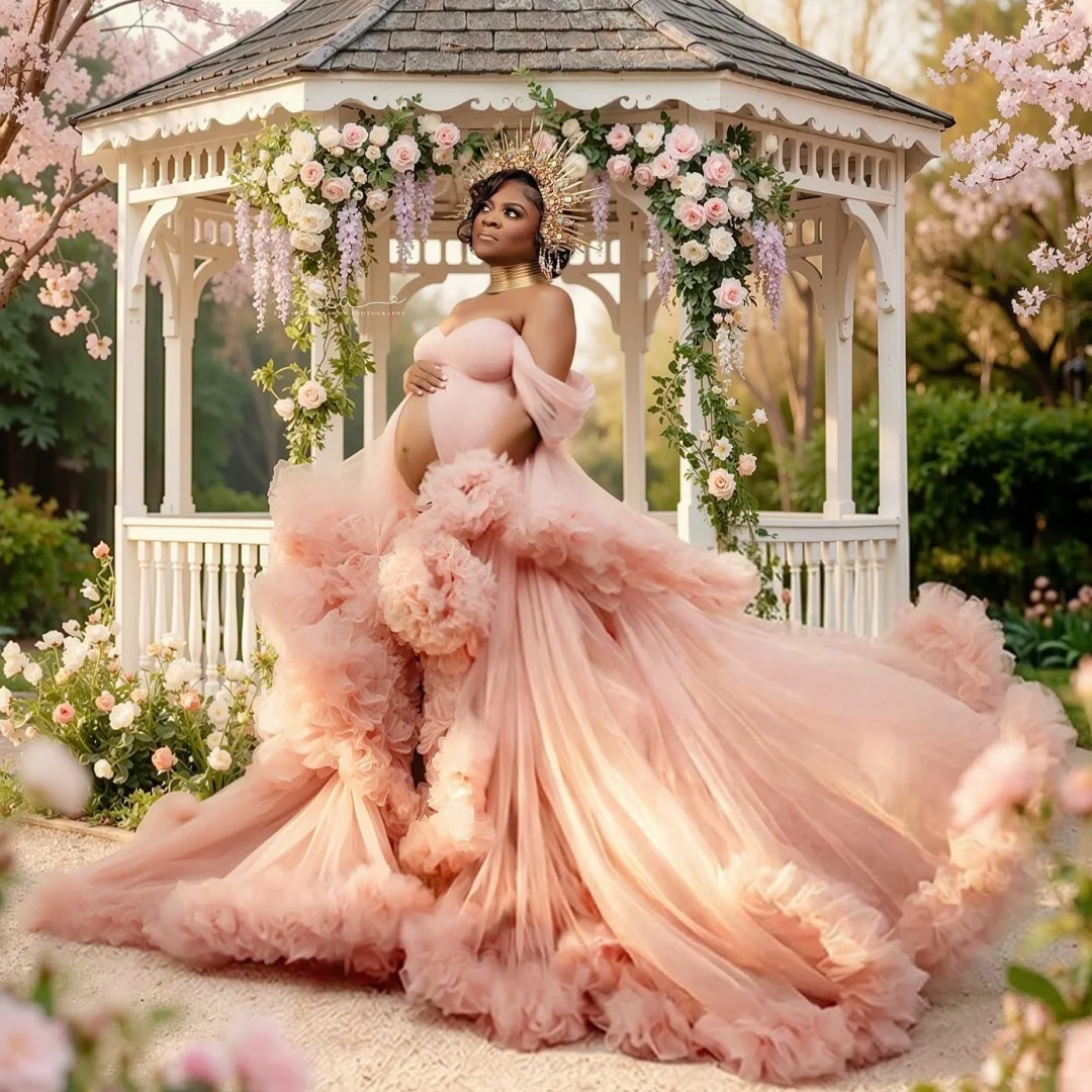 Pink Layered Prom Dresses Off the Shoulder Maternity Photoshoot Dress Plus Size Tiered Baby Shower Gown with Ruffles Customized