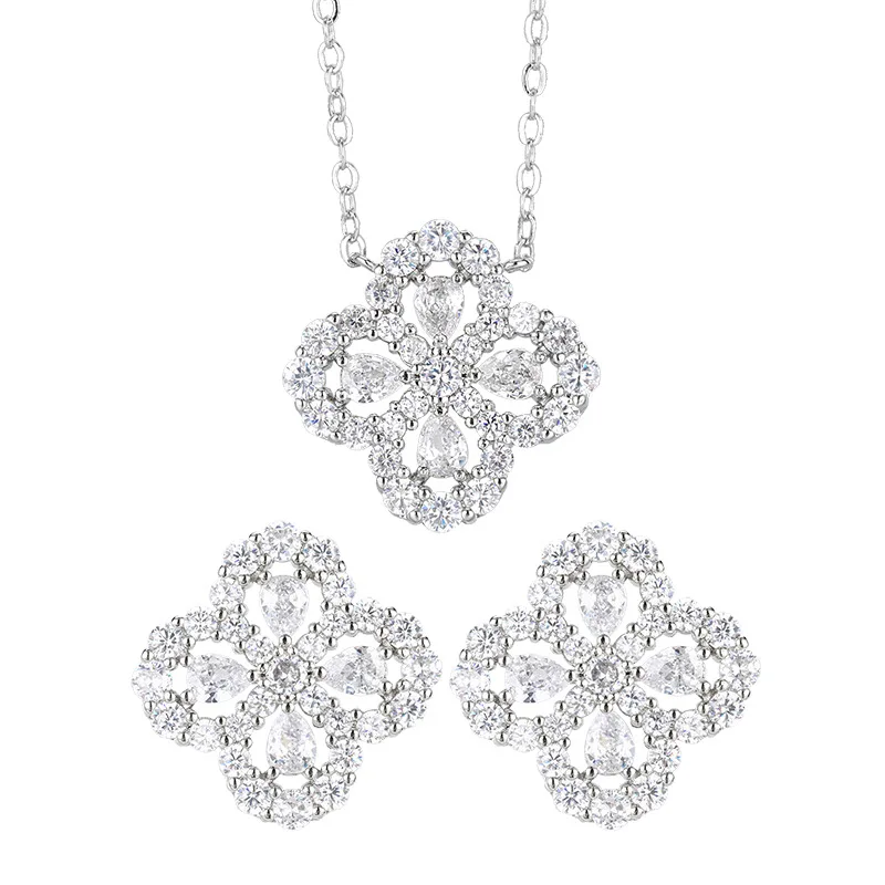 Jewelry Set Earrings S925 Silver Needle Necklace Inlaid with Zircon Four-Leaf Clover Clavicle Chain Fashion Versatile Women