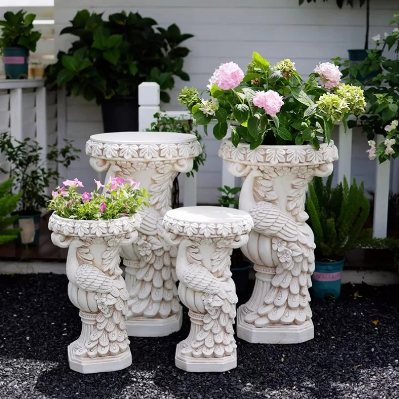 Peacock Garden Decor Statue Nordic Roman Column Flower Pot Stand Creative Balcony Ornament Outdoor Plant Holder for Courtyard