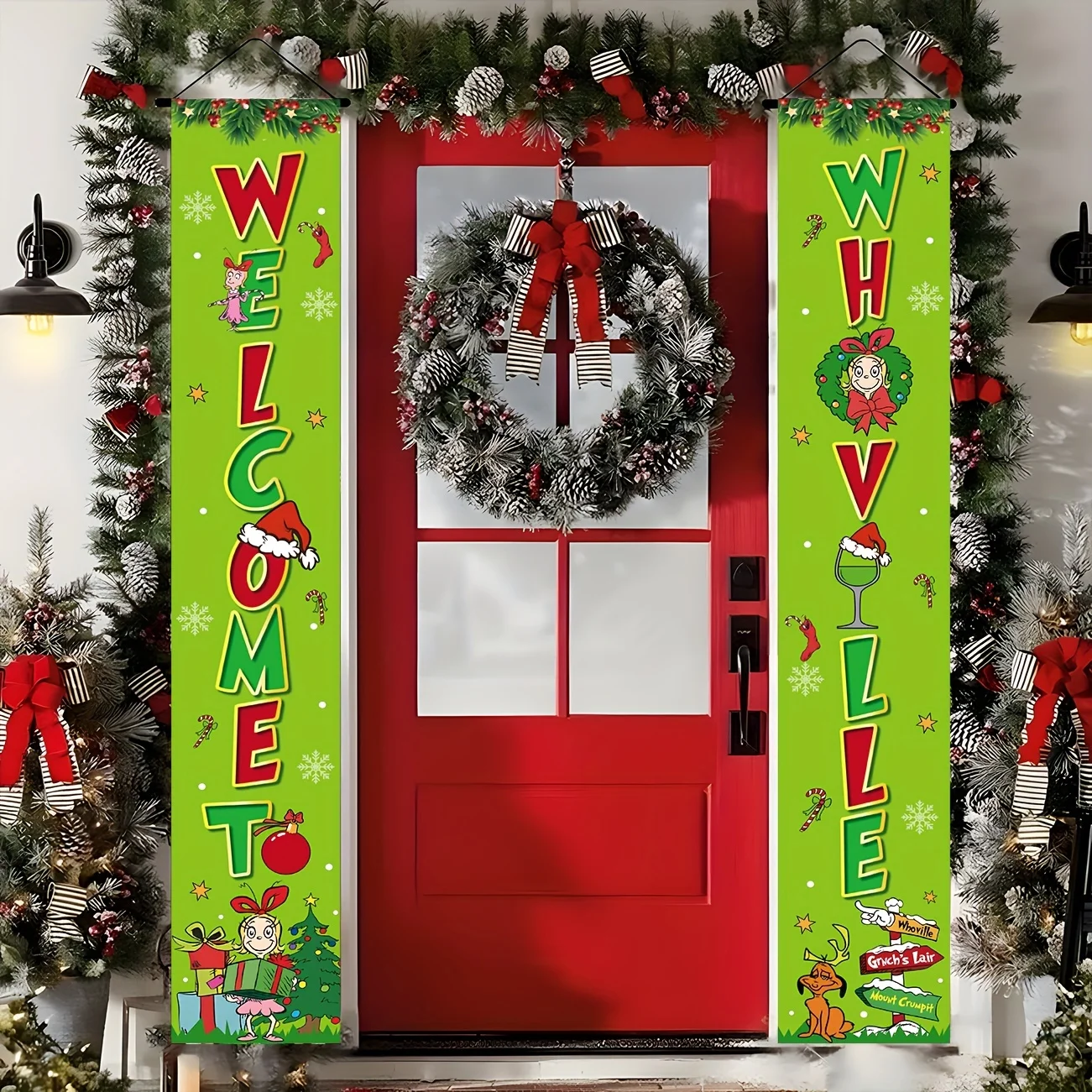 Whoville زينة عيد الميلاد عيد الميلاد الشرفة تسجيل- مرحبا بكم في Whoville زينة باب عيد الميلاد معلقة راية خلفية Outd #4