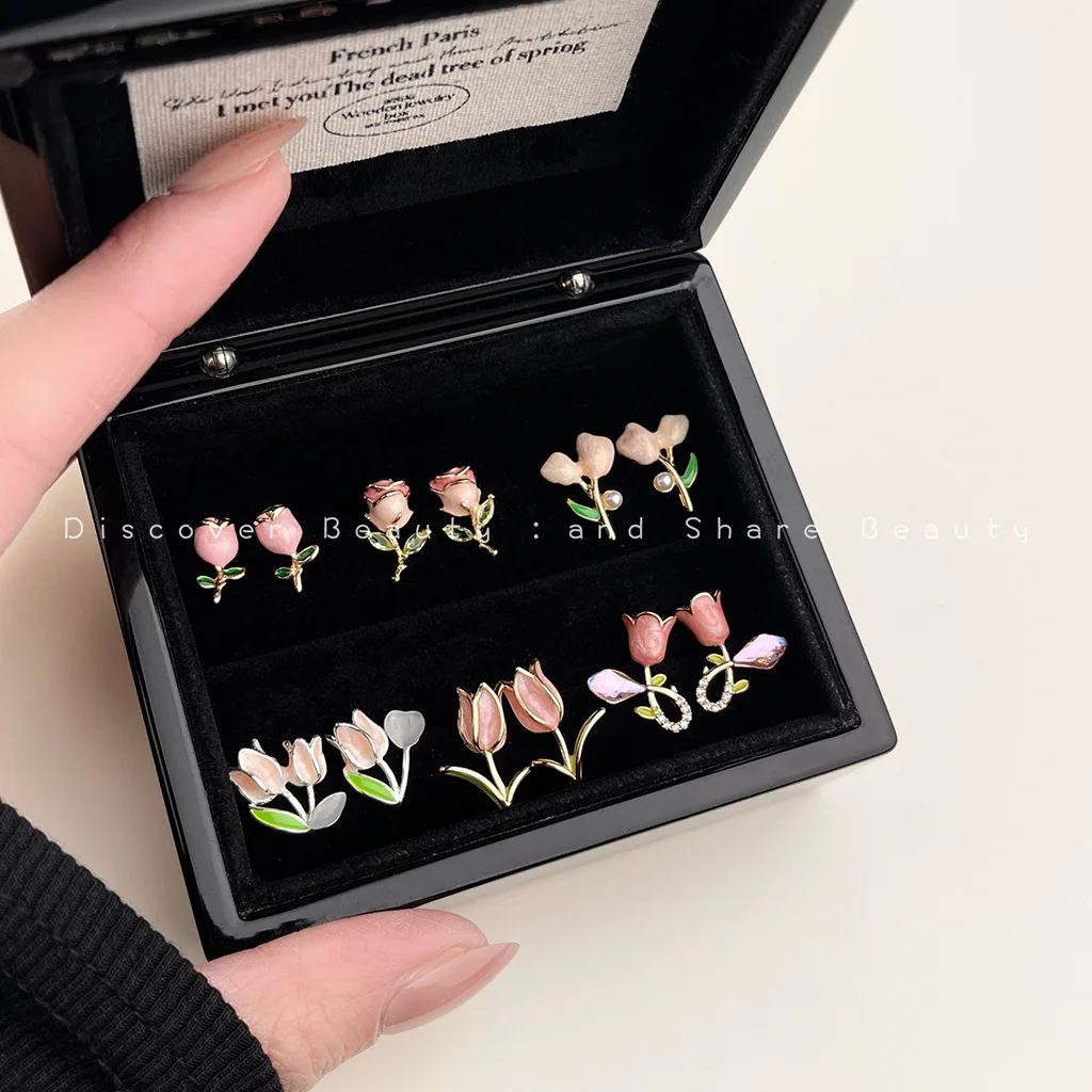 DIY accessories Small fresh and sweet tulip stud earrings silver needles spring and summer new oil dripping flower earrings Kore