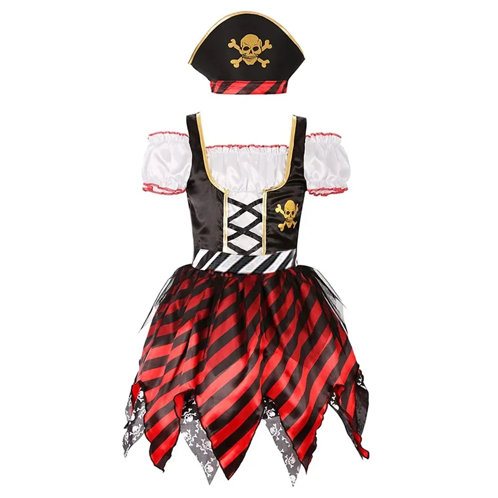 Girls Pirate Costume Outfit Striped Cold Shoulder Short Sleeve Irregular Hem Dress Pirate Hat for Halloween Cosplay Party