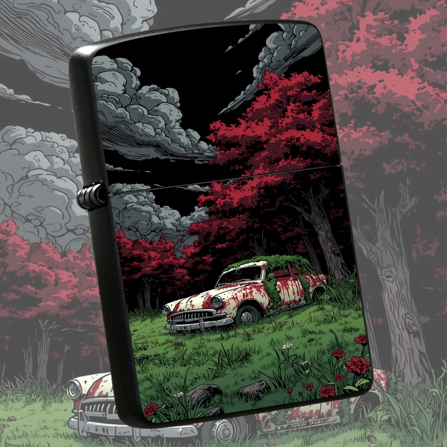 Retro Apocalyptic Abandoned Car Print, Dark Comic Style Red Maple Forest Pattern PORTABLE , Durable Windproof Pocket  Igniter , Unique Artistic Gift For Men, Collectible Creative Outdoor Everyday Use A fun and humorous lighter