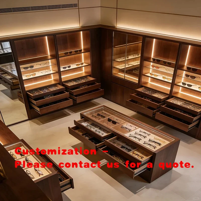custom.Custom Baked Paint Wooden Eyewear Display Cabinet with Multi-Tier Drawers LED Lighting Eco-Friendly Glass Showcase