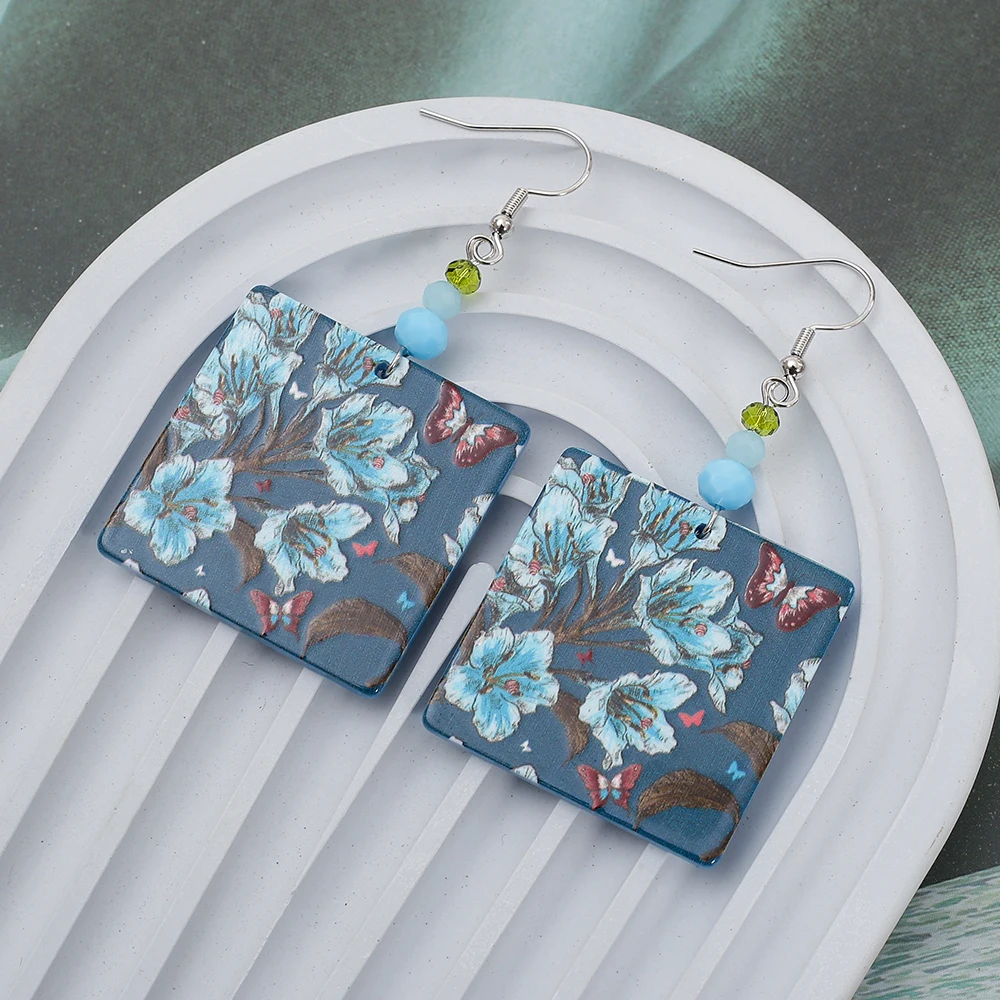 

Square Blue Acrylic Vintage Earrings For Woman 2025 Trends Flower Butterfly Relievo Print Design Girls Party Holiday Ear Jewelry