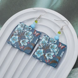 Square Blue Acrylic Vintage Earrings For Woman 2025 Trends Flower Butterfly Relievo Print Design Girls Party Holiday Ear Jewelry