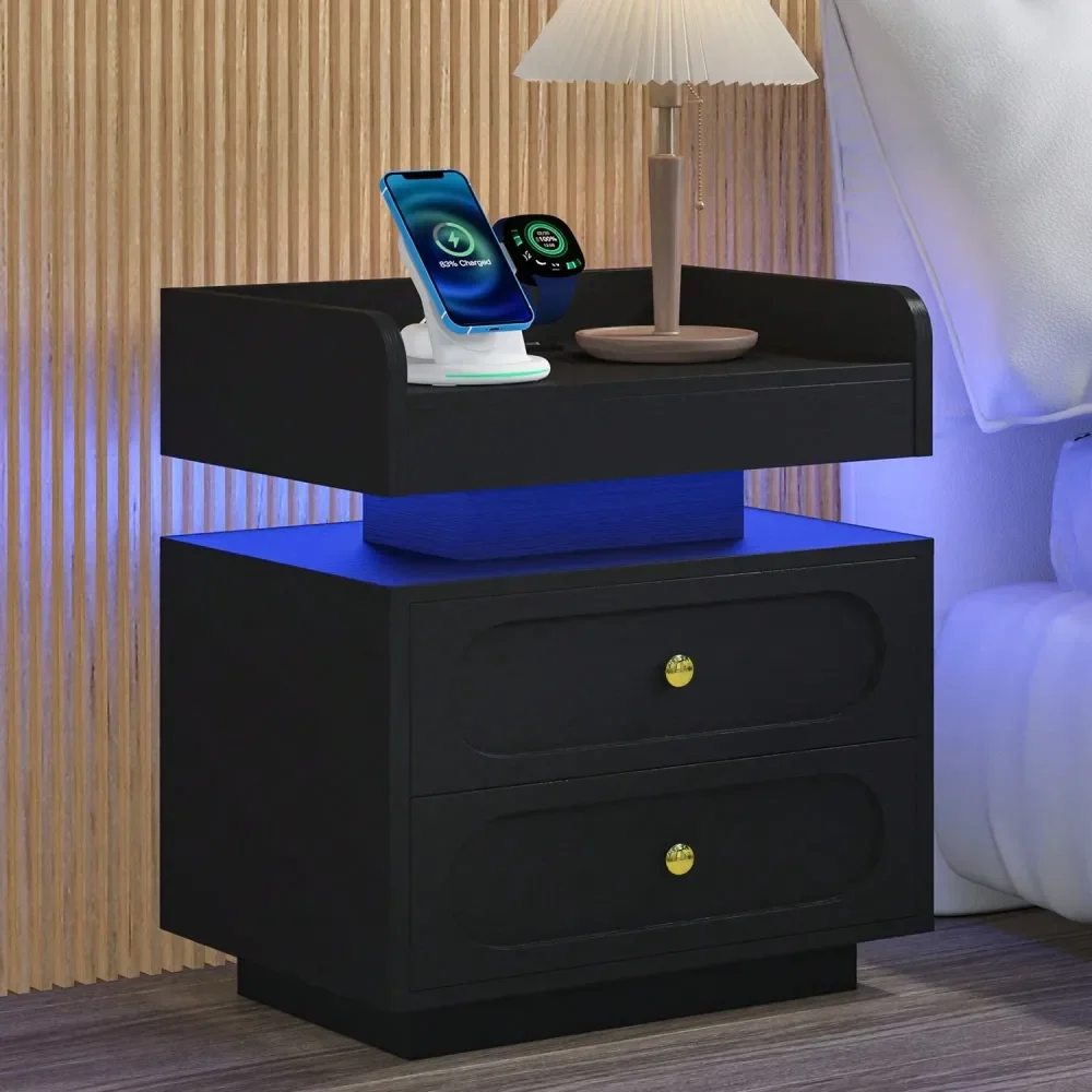 

With 2 Drawers, Modern Night Stand With LED Lights Charging Station, Bedside Tables With 2 Rounded Design Drawers, End Table Fo