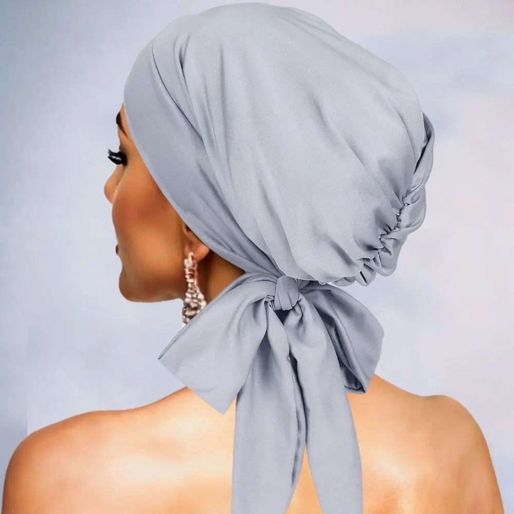 For Musily Women Soft Turban Hat Elastic Long Tail Bowknot Headwrap Breathable Polyester Comfortable Chemo Beanie Cap