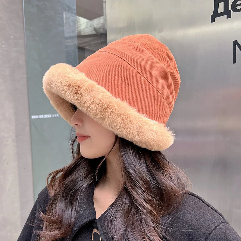 New Faux Fur Bucket Hat Women\'s Fashion Warm Thick Plush Panama Hats wide Brim plus Furry Fisherman Cap for Women Winter Hat