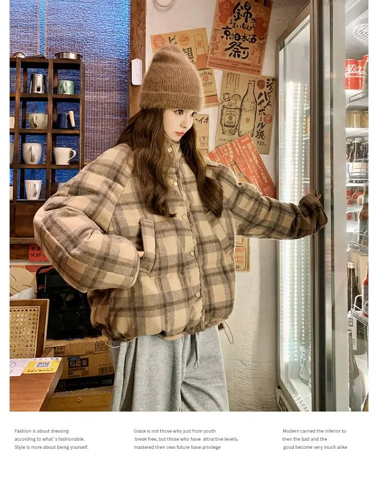 Retro Plaid Short Padded Jacket for Women Autumn Winter Maillard Style Thick Warm Outerwear Female Casual Korean Puffer Jackets