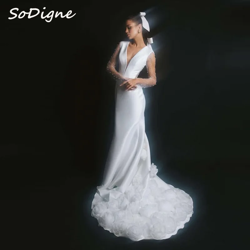 

SoDigne Mermaid Satin 3D Flowers Wedding Dresses V-neck Full Sleeves Pearls Bridal Dress Wedding Gown Robe De Mairee ﻿Customized