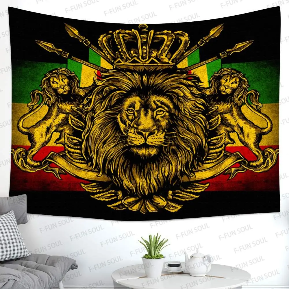Vintage Royal Lion Crown Tapestry, Rasta Reggae African Flag Print Wall Art for Bedroom Living Room Dorm Apartment Decor - view 3