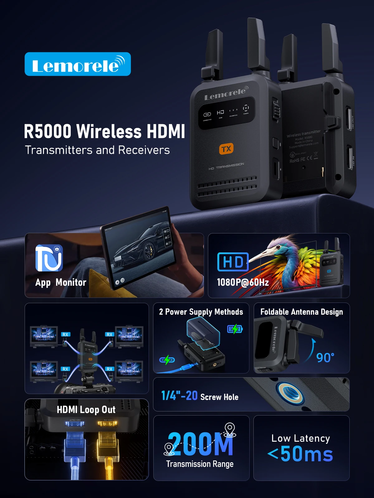 Lemorele 200m Bezprzewodowy Nadajnik i Odbiornik HDMI 1080P z Niskim Opóźnieniem, Przedłużacz HDMI, Transceiver Wideo do Fotografii i Transmisji na Żywo — zdjęcie produktu 7