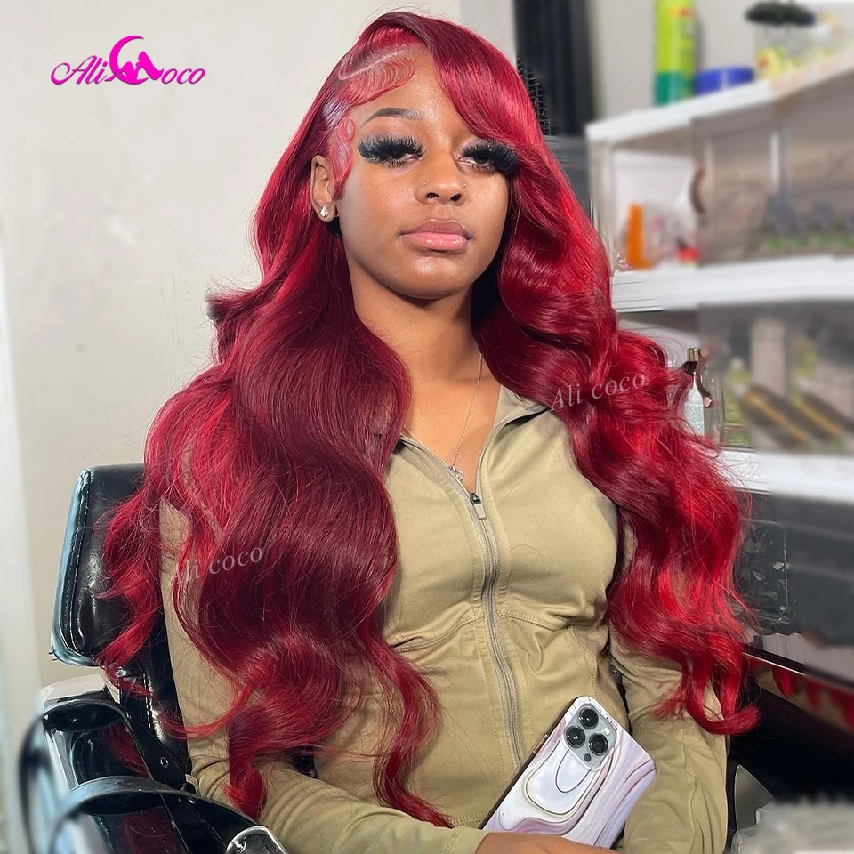 

Теплый красный парик из натуральных волос с кружевной передней частью 13x6, с темно-красными прядями, волнистый, предварительно проработанный, для женщин, плотность 180%