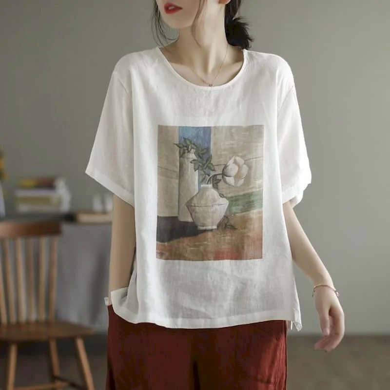 Printed Shirts for Women Cotton Linen Vintage Short Sleeve T-shirts Loose Casual Korean Style O-neck One Piece Blouse Women Tops