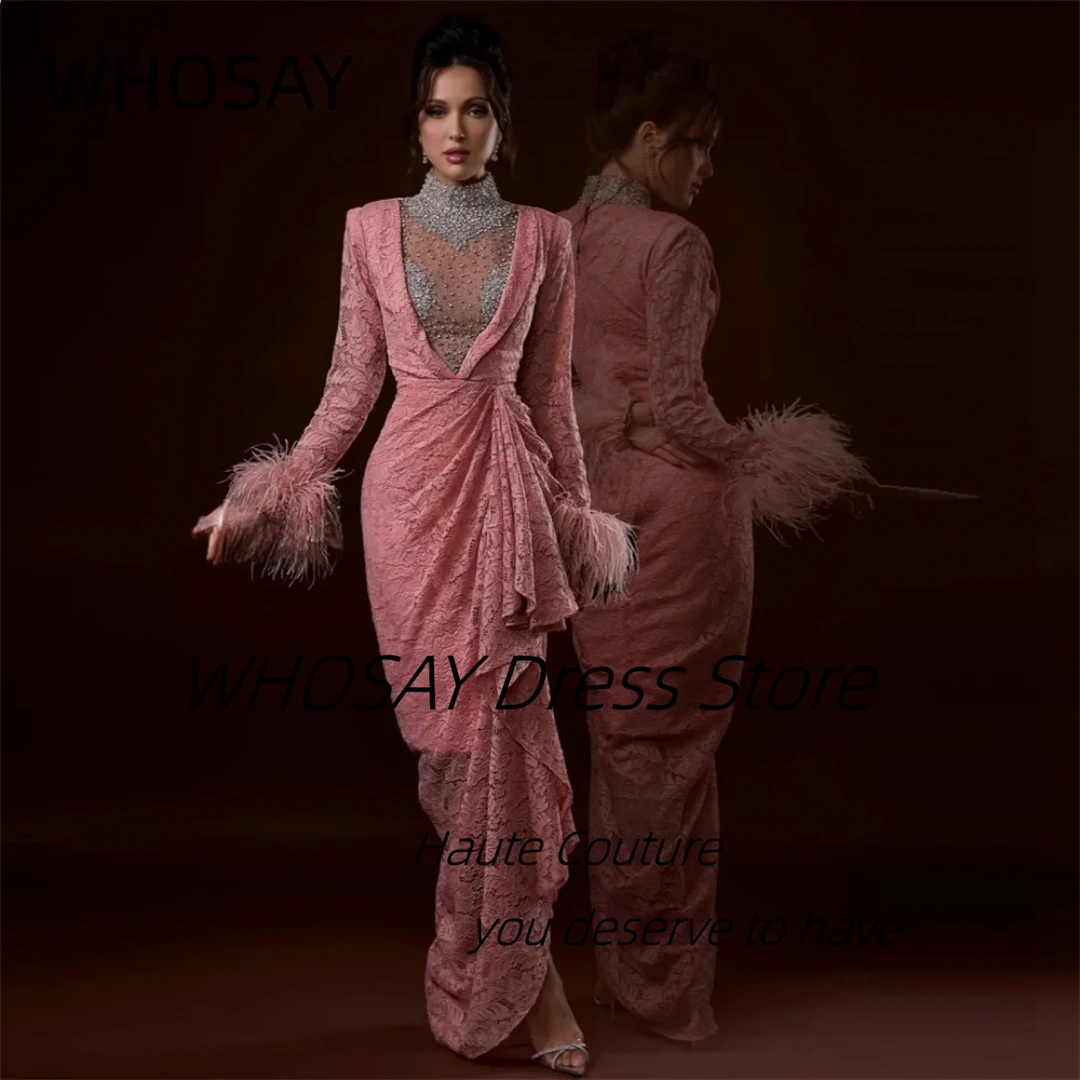 

WHOSAY High Collar Beaded Prom Dresses Customized Feathers Long Sleeves Evening Dress Ruched Lace Celebrity Women Special Party