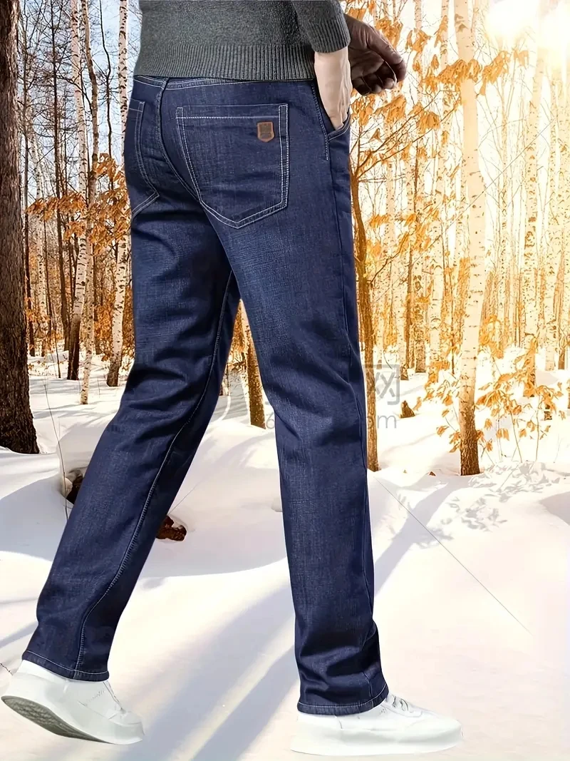 شتاء دافئ الصوف الجينز الرجال 2025 مستقيم تمتد سميكة عادية الحرارية الدنيم السراويل الذكور الأعمال العمل بنطلون جديد الرجال الملابس #3