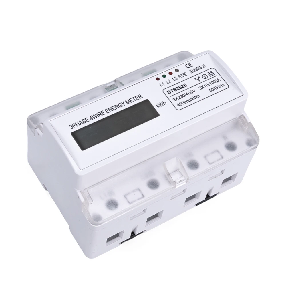 DTS2626 DIN Rail Digital  LCD Display 380V Phase 4 Wires Electric Watt Power Energy Meter Voltage  Wattmeter kWh  3X10 100A AC