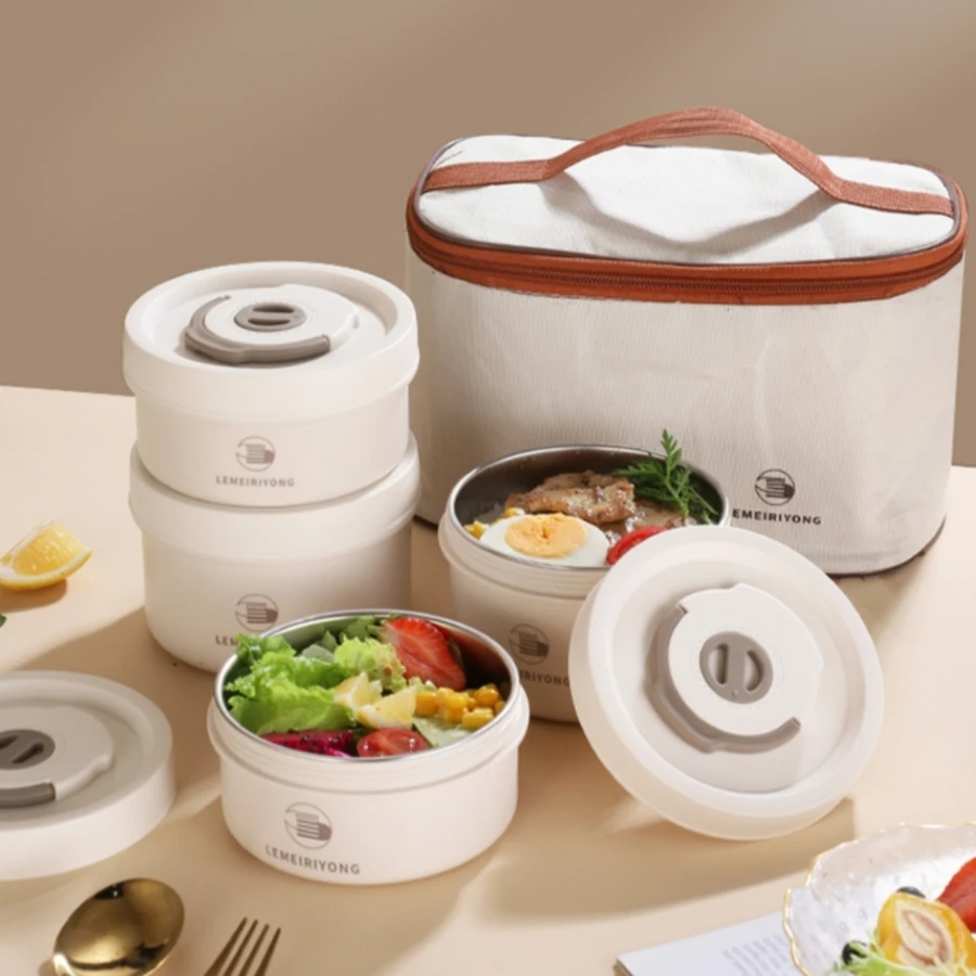 Round 304 Stainless Steel Bento Box Set Stackable Leakproof Food Container with Insulated Carry Bag