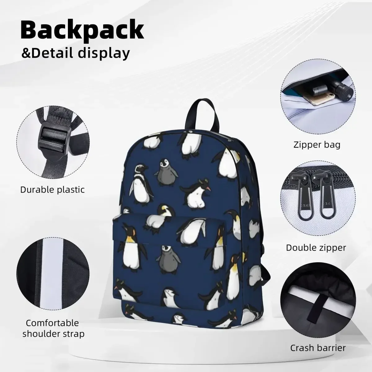 Cute Penguin Pattern (Dark Blue Variant) Backpack Waterproof Children School Bag Laptop Rucksack Travel Large Capacity Bookbag