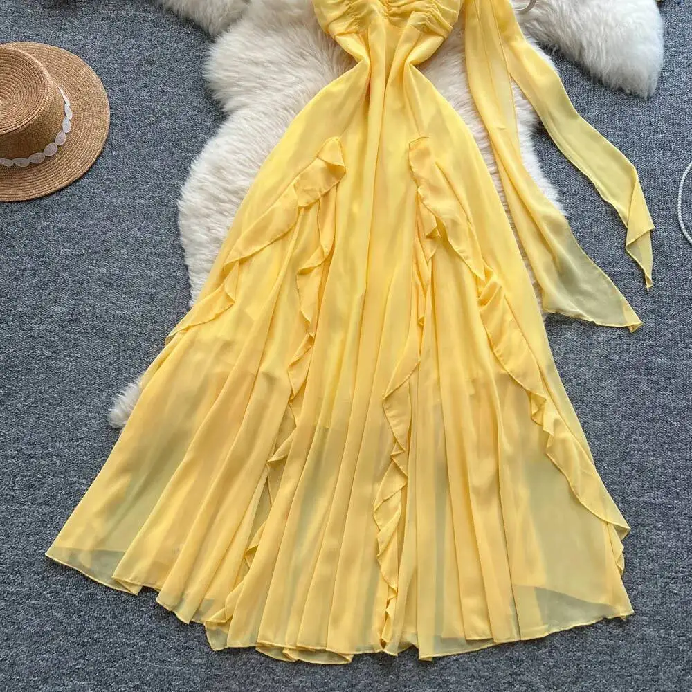 Sommer Sexy Langes Kleid Frauen Vintage Band Taille Unregelmäßigen Chiffon Strand Kleider Damen A-line Schlank Boho Lange Robe Vestidos