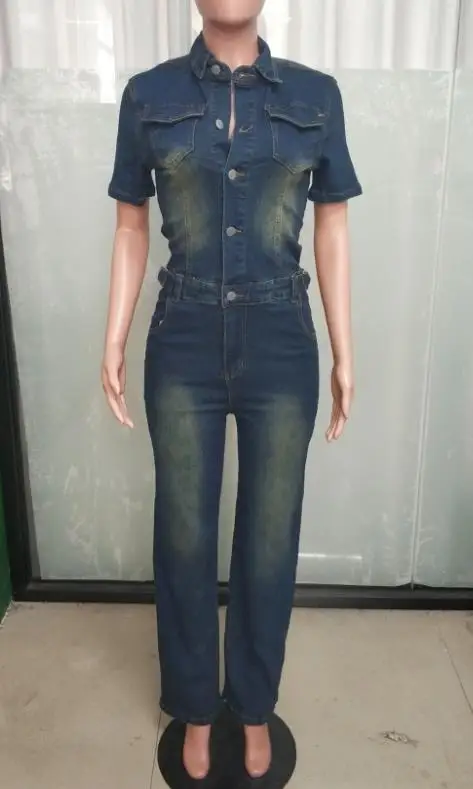 Style Hong Kong rétro Style classique revers bouton avant coupe ajustée à manches courtes combinaison femmes tempérament décontracté Denim combinaison