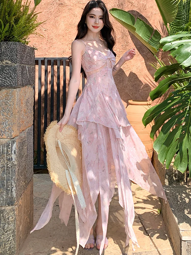 Summer Boho Green Floral Chiffon Ruffled Long Dress Women Fashion Chic Patchwork Lace Sling Dress 2025 Korean Elegant Prom Dress