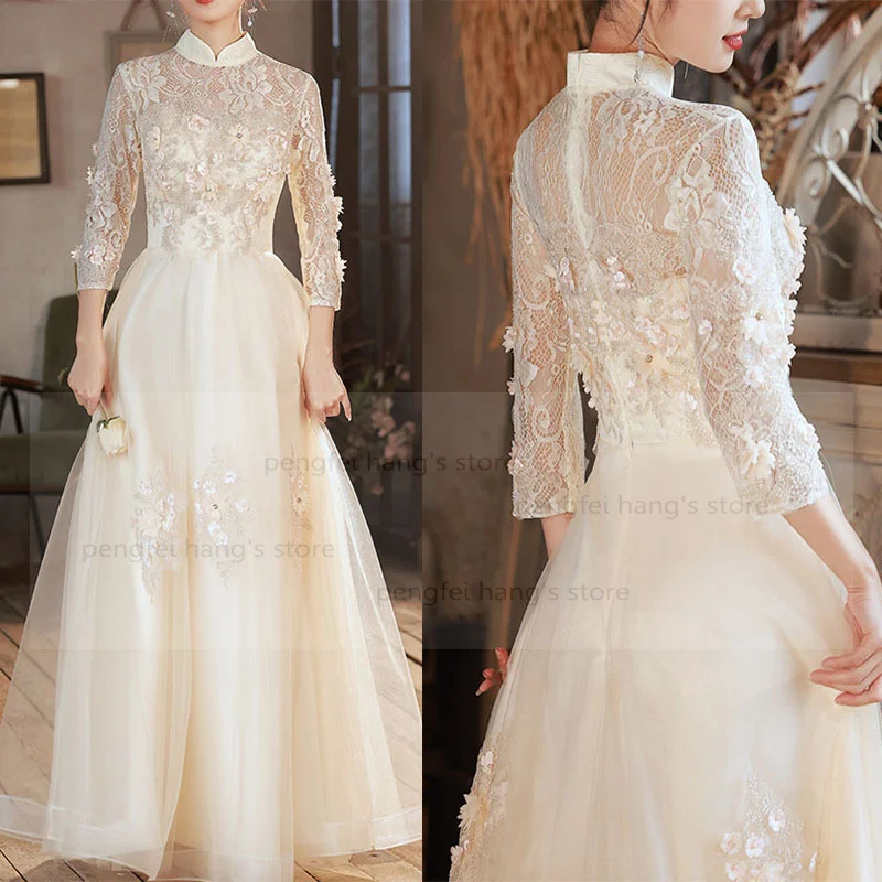 

Embroidery Lace Applique Chesongam White Bride Wedding Dress Long Sleeve Stand Collar Qipao Women Elegant A-Line Hostess Dress