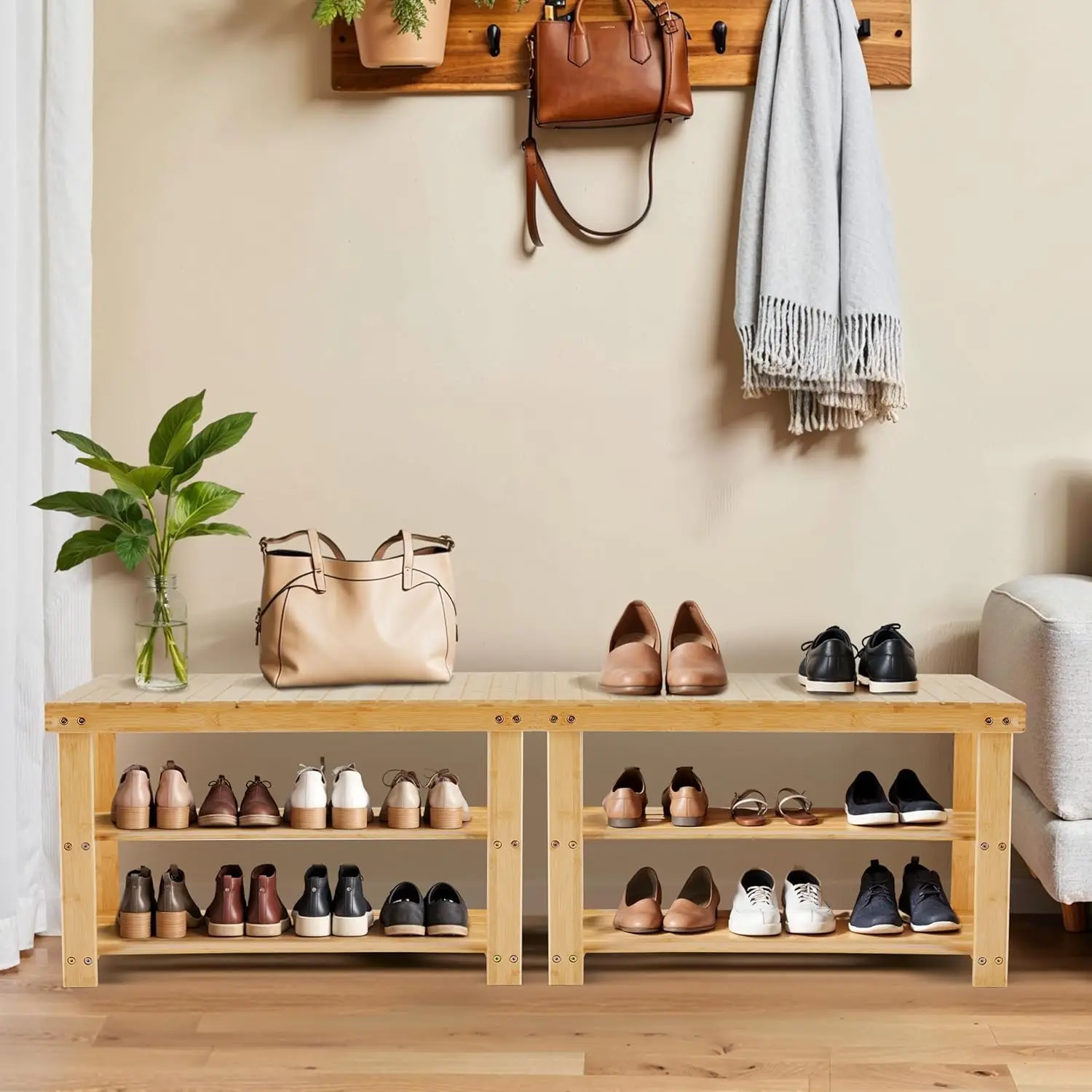 

3-Tier Bamboo Shoe Rack Bench, Entryway Storage Organizer Stand for Front Door Bedroom Living Room Light Wood