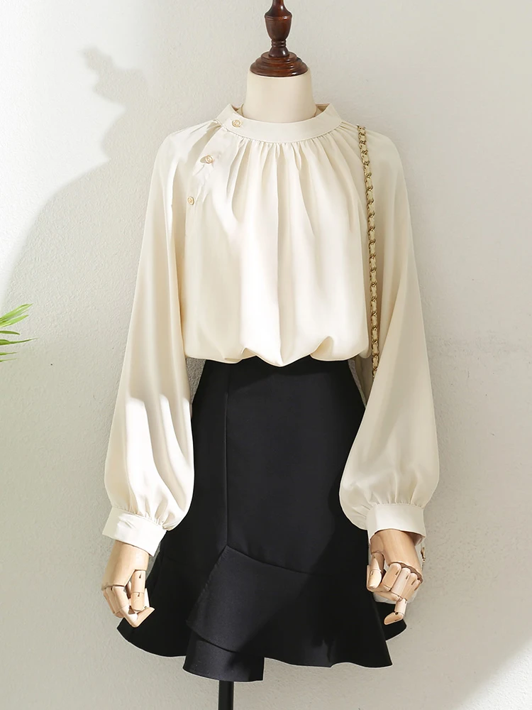 

Retro Stand Collar Silk Shirt Women's Spring Summer New Chinese Style Top Layered Wear Inner Base Shirt Autumn Winter