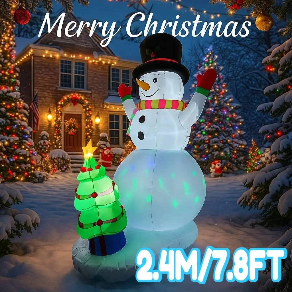 2.4M/7.8FT Holiday Lighting Decor LED Inflatable Yard Xmas Snowman Christmas Tree Home Ornament Festive Gift Supplies Decoration