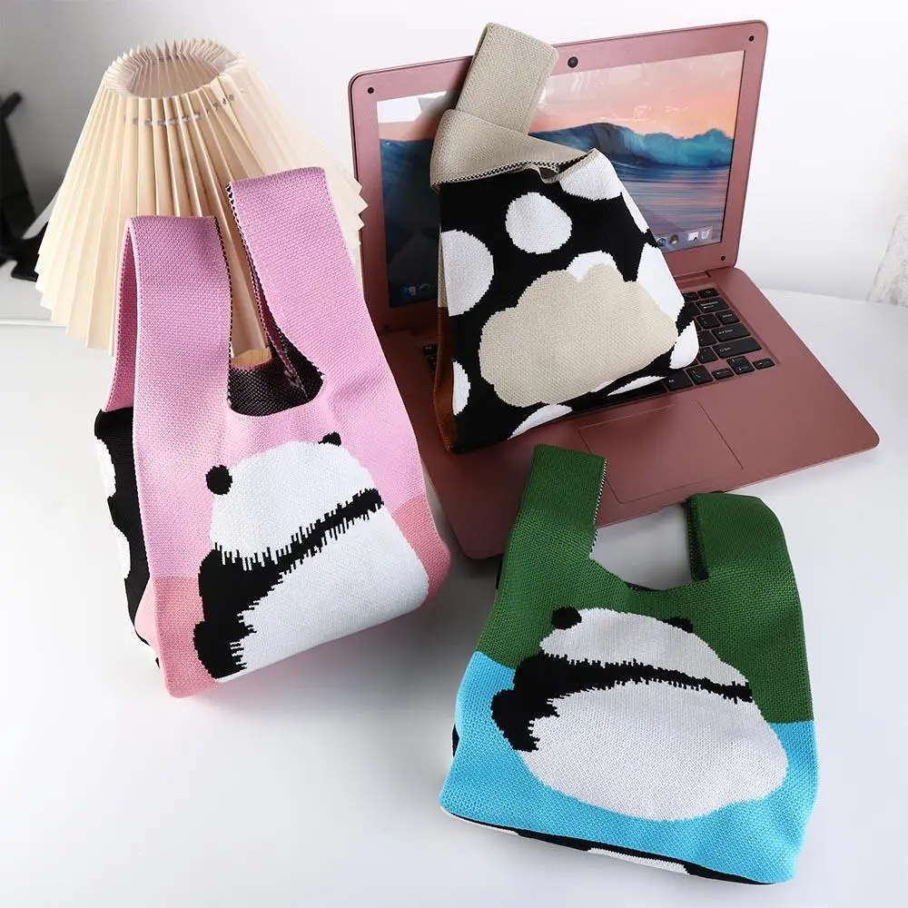 Fashion Vest Shape Panda Wrist Bag Patchwork Cartoon Mini Knot Bag Tote Bag Animal Knitted Handbag Outdoor