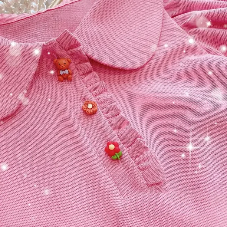 Children T-shirt Doll Collar Solid Turn Down Collar2023 Summer New Bubble Sleeve Top Korean Fashion Breathable Girls