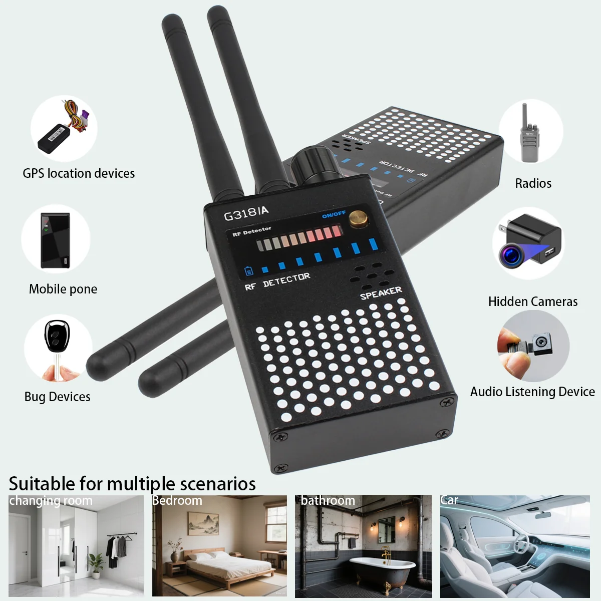 

Усовершенствованный радиочастотный/GSM-детектор: беспроводная скрытая камера, GPS-трекер, инфракрасный + магнитное сканирование, 10-светодиодная сигнализация для автомобиля/отеля/офиса