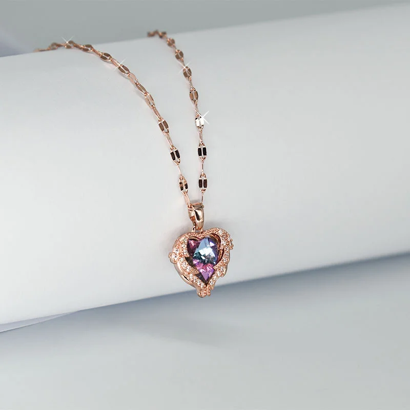 Shiny Heart of The Ocean Crystal Pendant Necklace for Women Colorfast Charm Stainless Steel Zircon Chokers Bridal Jewelry Gifts