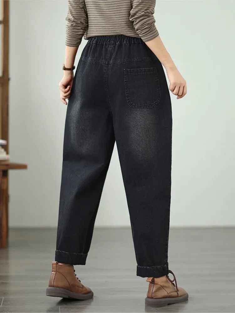 Oversized Jeans Retro Autumn Pant Women Cartoon Embroidery Fashion Ladies Harem Trousers Loose Casual Woman Harem Pants